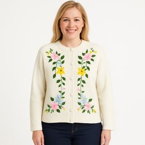 Vintage Sweater Bee By Banff White Cardigan Hand Embroidered Flowers Sz M EUC